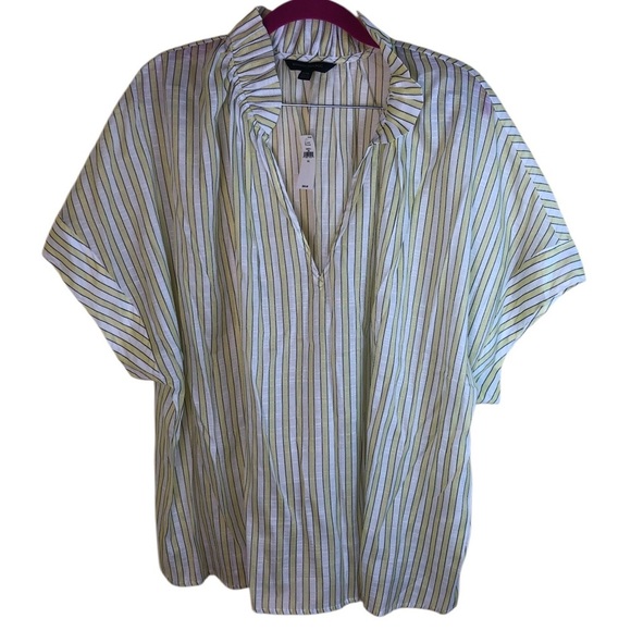 Banana Republic Tops - Banana Republic White Yellow Striped Short Sleeve Ruffle Collar V-Neck Blouse